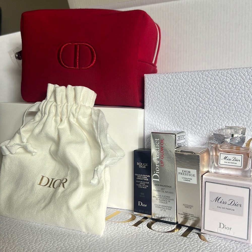 Christian Dior Beauty Red Makeup Pouch w/ Lipstick, Lip Oil, Serum, perfume